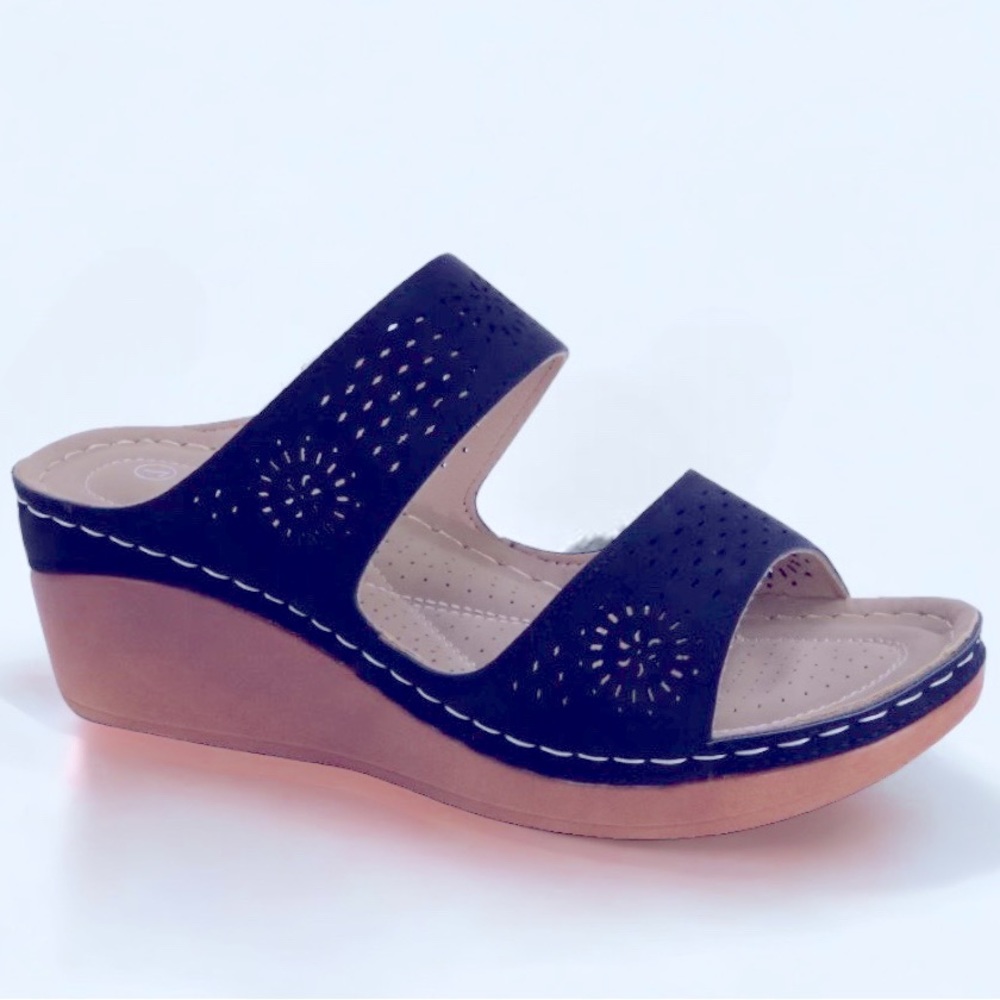 Italina Matt Black Basic Double Strap Comfort Walking Platform Wedge Sandals